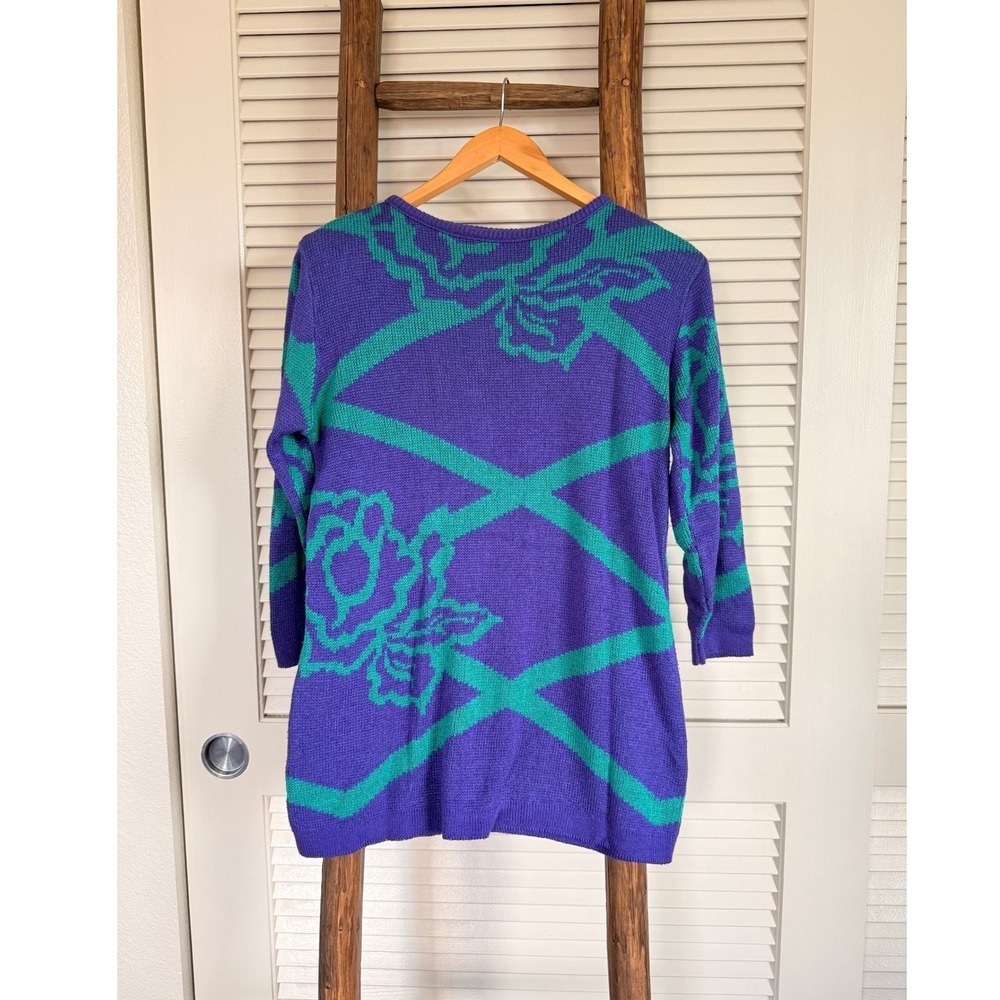 Neiman Marcus Vintage‎ Knit Dress Purple Green Floral 3/4 Sleeve